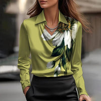 Heloise | Women's Shiny Collared V-Neck Blouse in Yellow Green