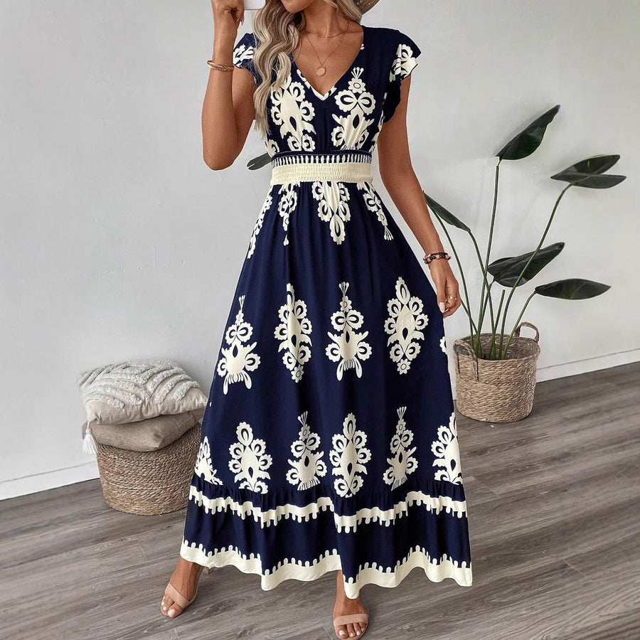 Hendrika | Women's Ruffle Detail Elegant Maxi Dress in Dark Blue