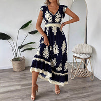 Hendrika | Women's Ruffle Detail Elegant Maxi Dress in Dark Blue