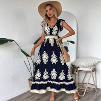 Hendrika | Women's Ruffle Detail Elegant Maxi Dress in Dark Blue