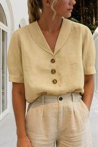 Henrietta | Women's Short Sleeve Button-Up Blouse in Beige
