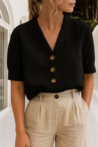 Henrietta | Women's Short Sleeve Button-Up Blouse in Black