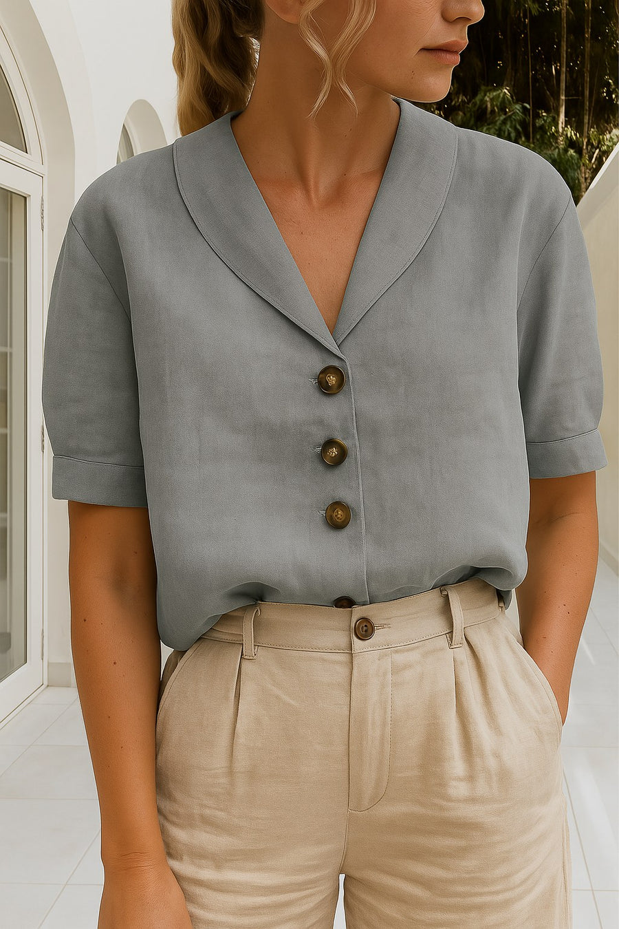 Henrietta | Women's Short Sleeve Button-Up Blouse in Gray