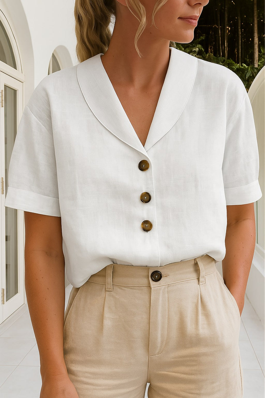 Henrietta | Women's Short Sleeve Button-Up Blouse in White