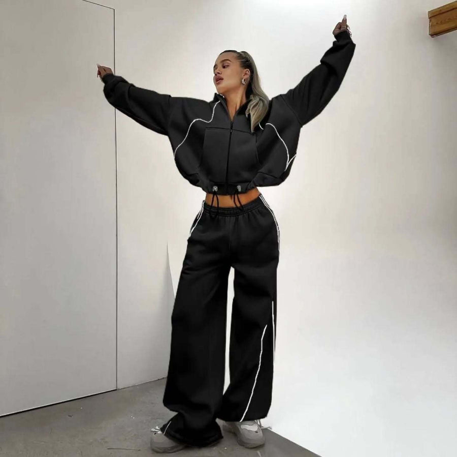 Henriette | Women's High Waist Comfortable Vintage Tracksuit Set in Black