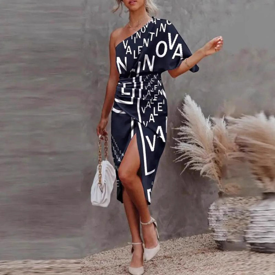 Hermance | Women's Asymmetric Slit Wrap Dress in Lettering