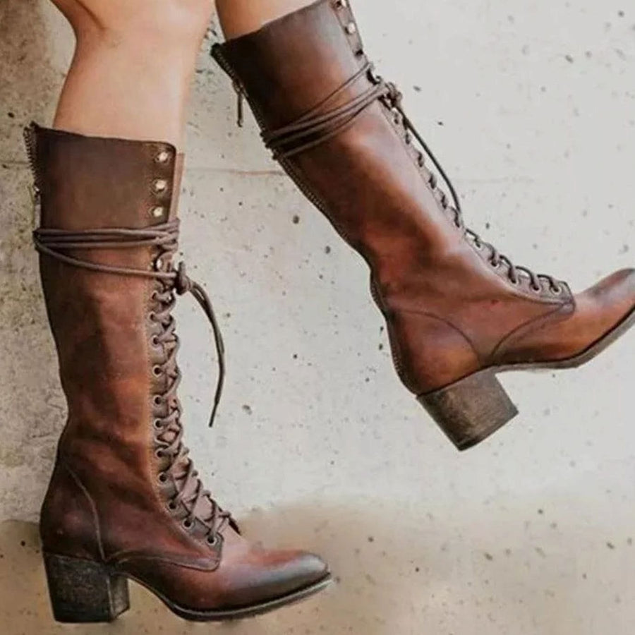 Hilary | Women's Lace-Up Block Heel Knee-High Boots in Brown