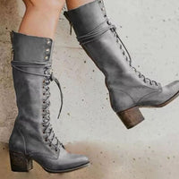 Hilary | Women's Lace-Up Block Heel Knee-High Boots in Gray