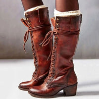Hilary | Women's Lace-Up Block Heel Knee-High Boots in Red Brown