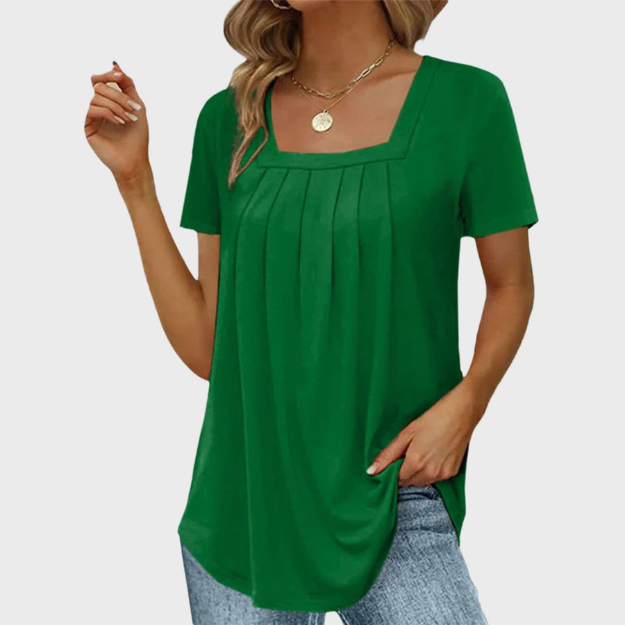 Hilda | Women's Square Neck Pleated Front Blouse in Dark Green