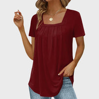 Hilda | Women's Square Neck Pleated Front Blouse in Dark Red