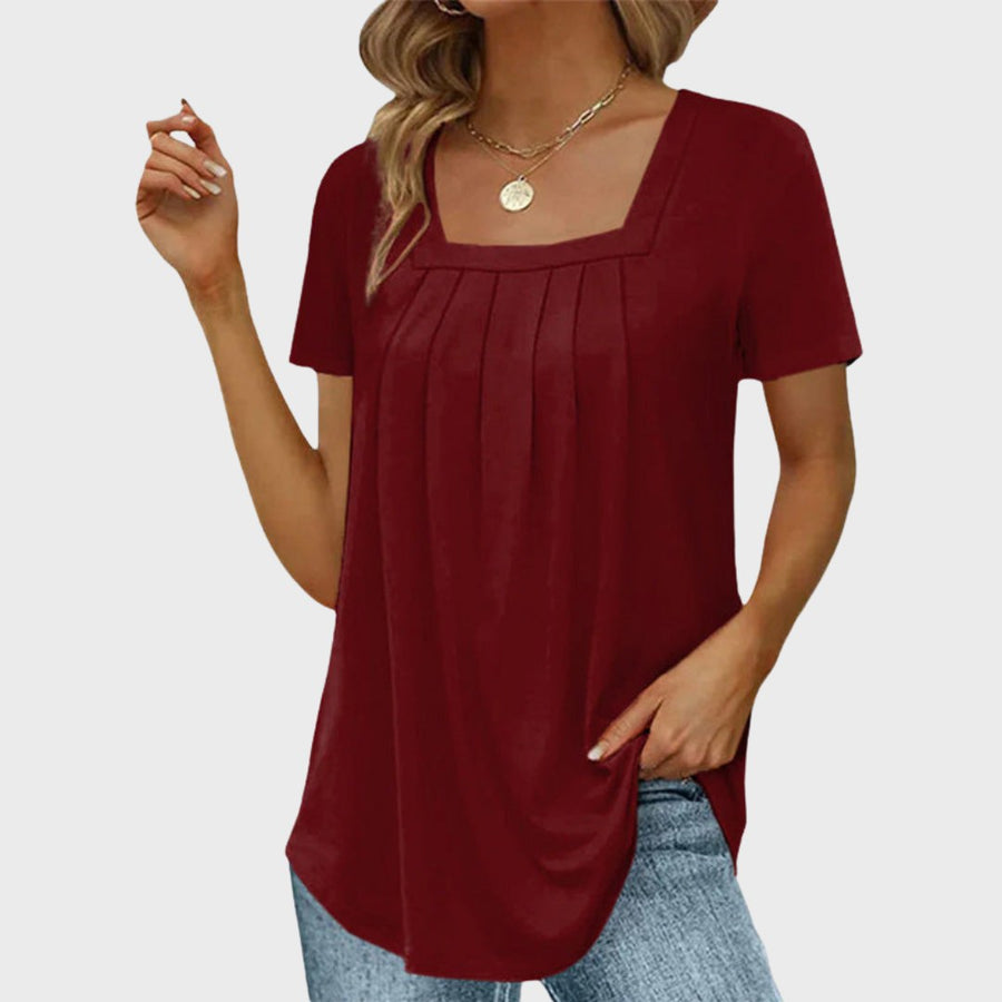 Hilda | Women's Square Neck Pleated Front Blouse in Dark Red