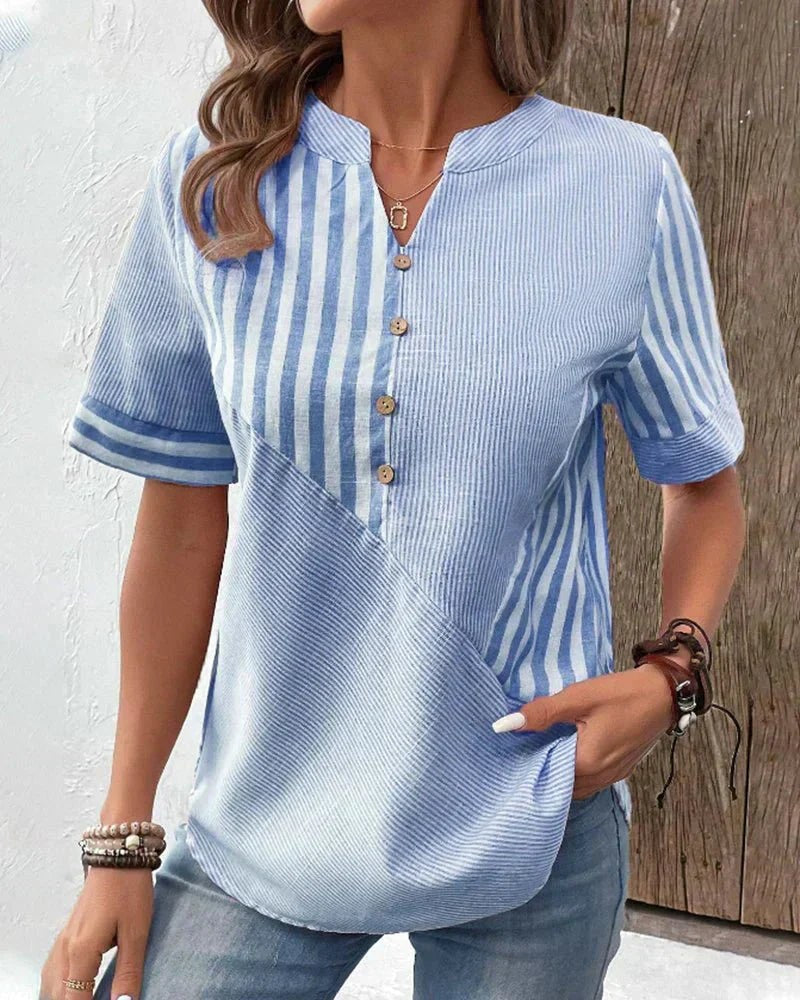 Hildegard | Women's Stripe Patchwork Design Blouse in Blue
