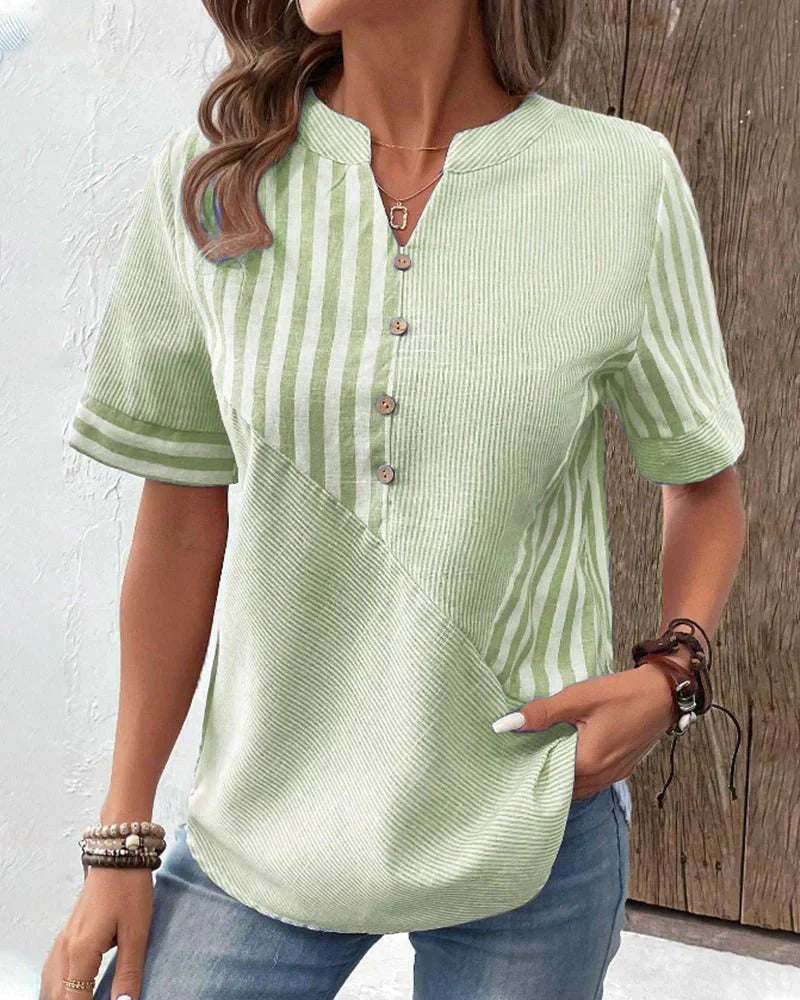Hildegard | Women's Stripe Patchwork Design Blouse in Green