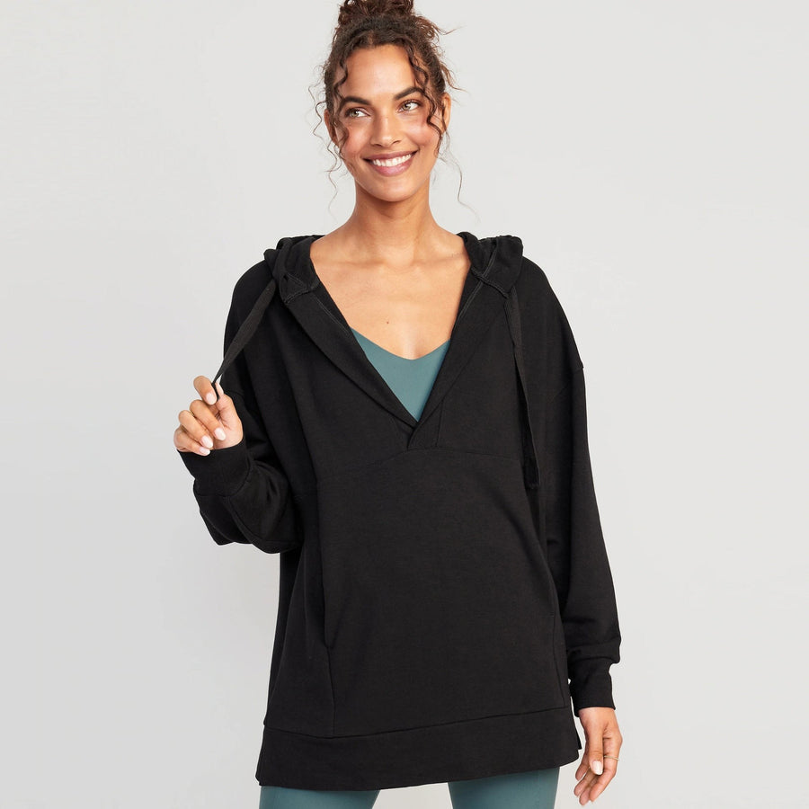 Hildegunde | Women's Asymmetric Pockets Hooded Hoodie in Black
