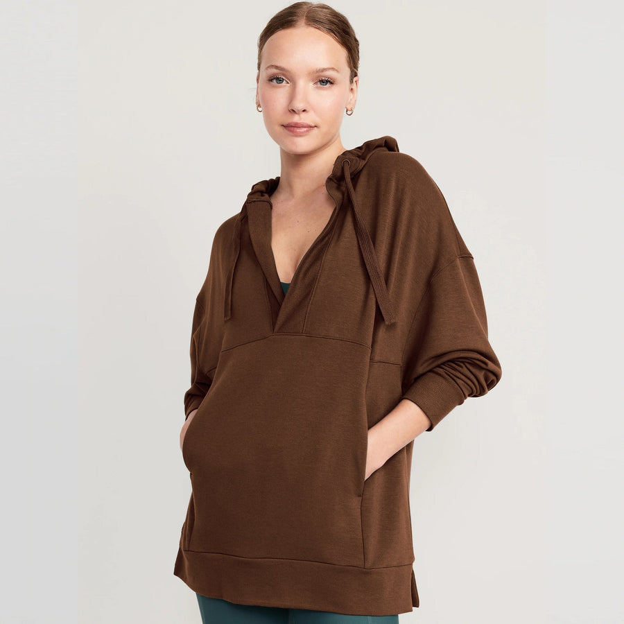 Hildegunde | Women's Asymmetric Pockets Hooded Hoodie in Brown