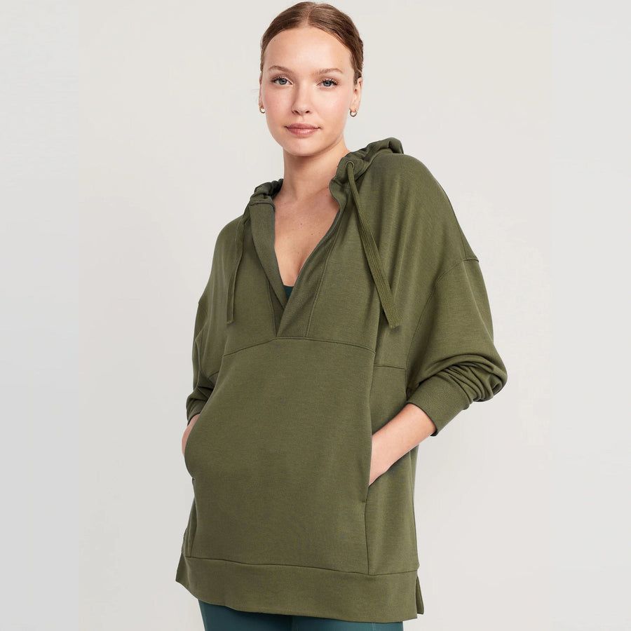 Hildegunde | Women's Asymmetric Pockets Hooded Hoodie in Olive Green