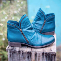 Holly | Women's Leather Ruched Side-Zip Low-Heel Ankle Boots