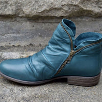 Holly | Women's Leather Ruched Side-Zip Low-Heel Ankle Boots in Blue