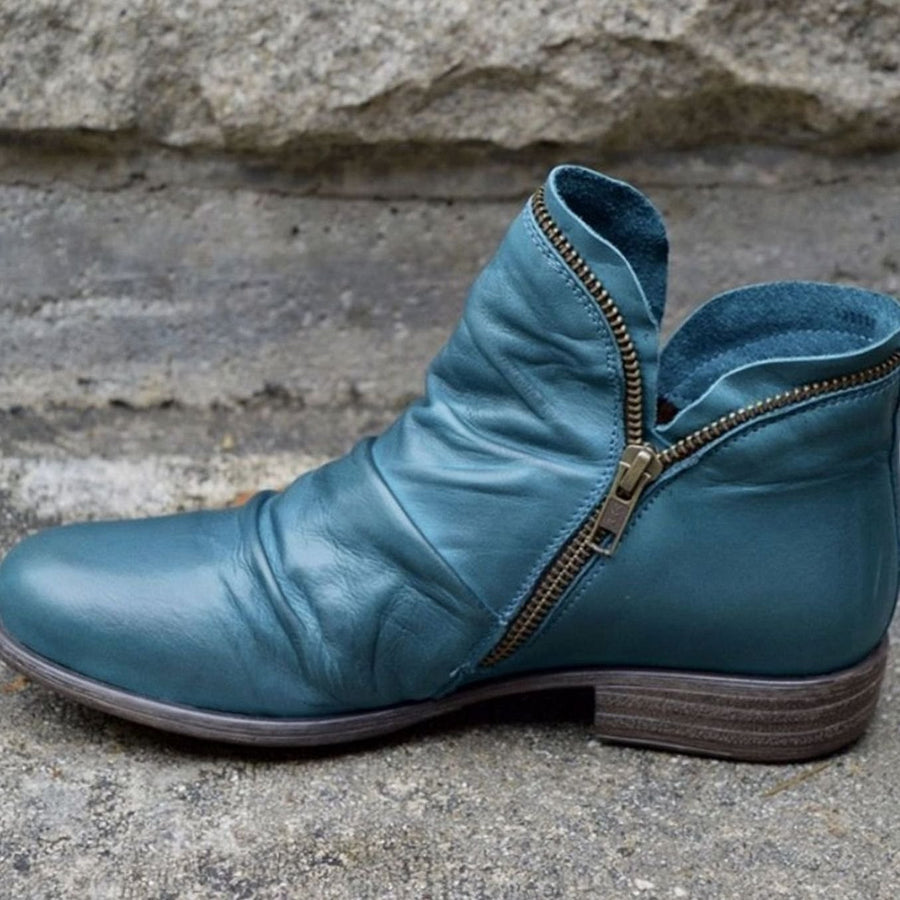 Holly | Women's Leather Ruched Side-Zip Low-Heel Ankle Boots in Blue