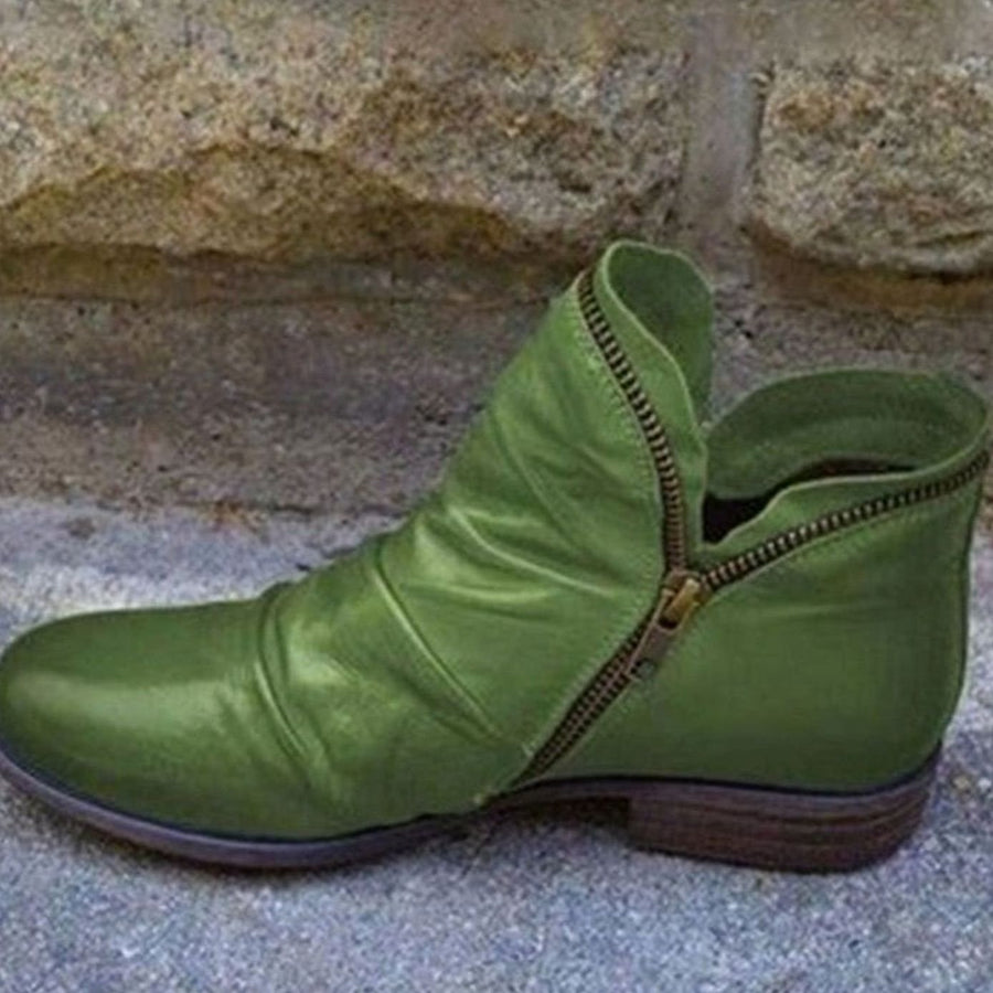 Holly | Women's Leather Ruched Side-Zip Low-Heel Ankle Boots in Green