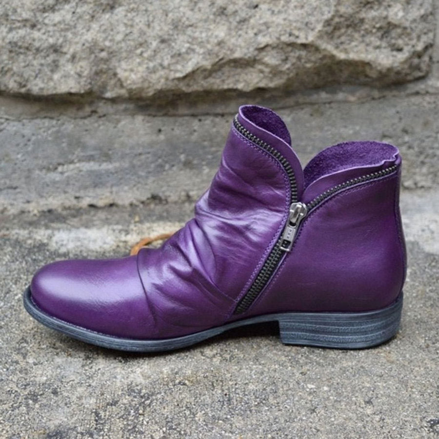 Holly | Women's Leather Ruched Side-Zip Low-Heel Ankle Boots in Purple