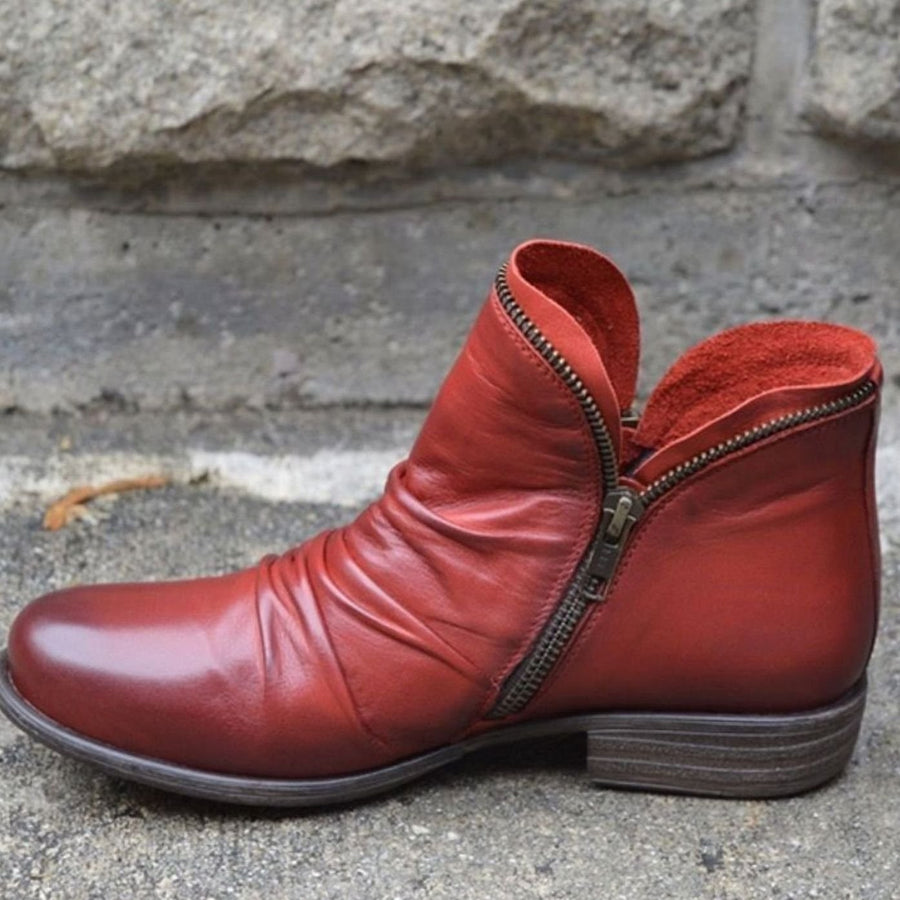 Holly | Women's Leather Ruched Side-Zip Low-Heel Ankle Boots in Red