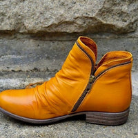 Holly | Women's Leather Ruched Side-Zip Low-Heel Ankle Boots in Yellow