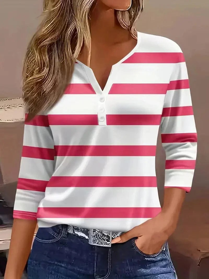Honor | Women's Striped V-Neck Blouse in Dark Pink