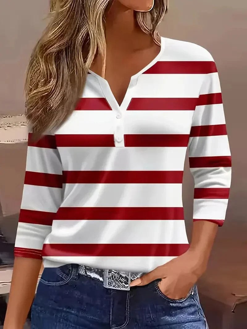 Honor | Women's Striped V-Neck Blouse in Red