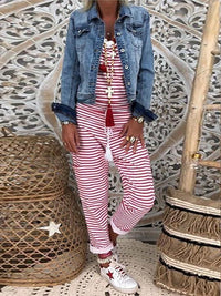 Honora | Women's Striped Casual Jumpsuit in Red