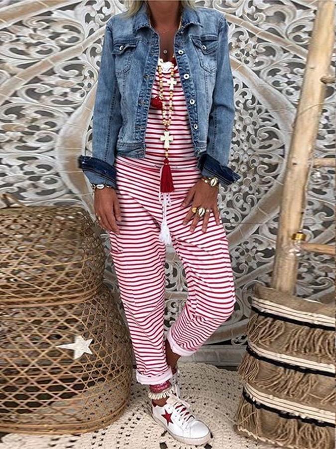 Honora | Women's Striped Casual Jumpsuit in Red