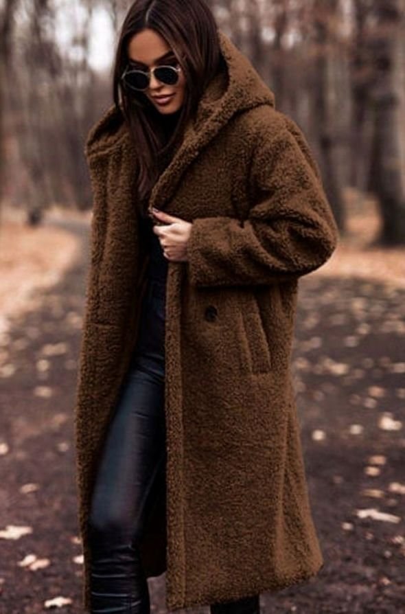 Hope | Women's Oversized Hooded Faux Fur Longline Winter Coat in Brown