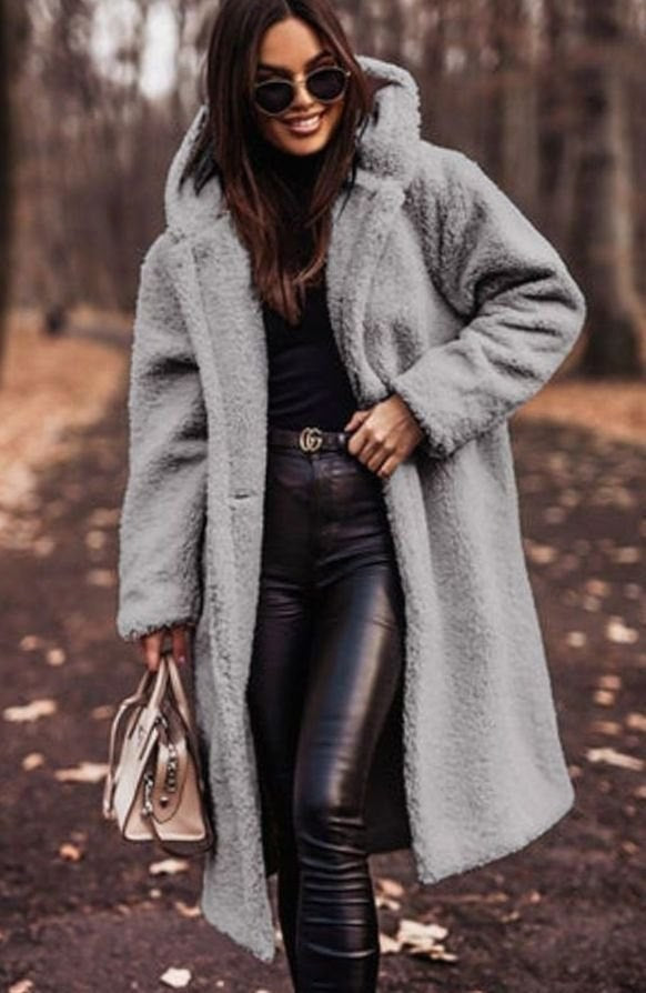 Hope | Women's Oversized Hooded Faux Fur Longline Winter Coat in Gray