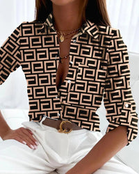 Hortense | Women's V-Neck Graphic Pattern Blouse in Khaki