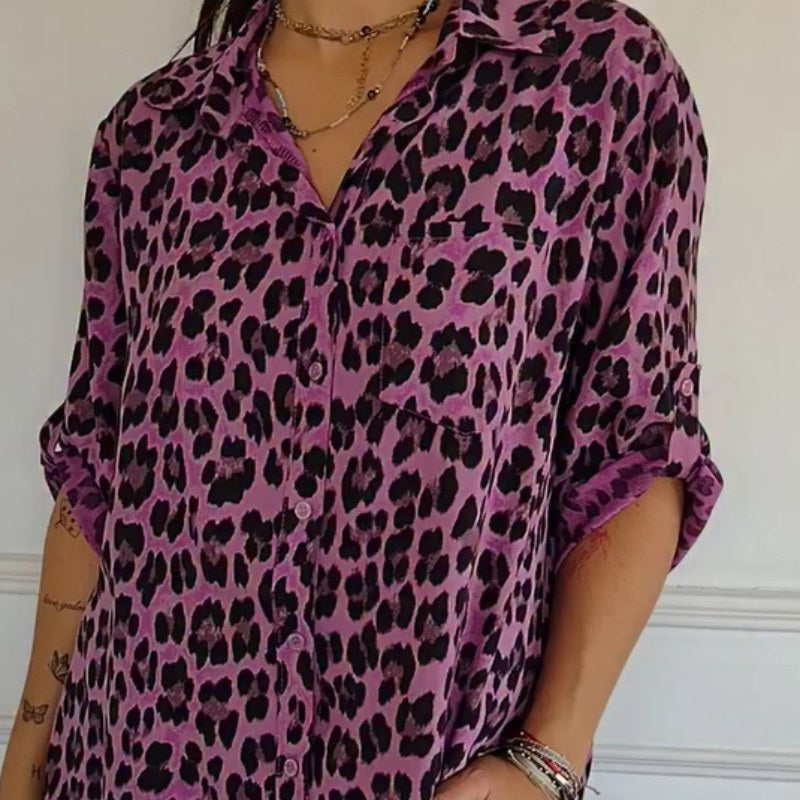 Hyacinth | Women's V-Neck Leopard Print Blouse in Purple