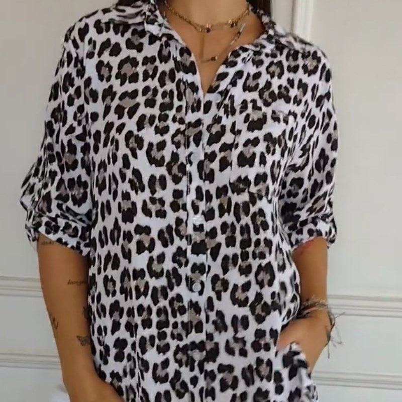 Hyacinth | Women's V-Neck Leopard Print Blouse in White
