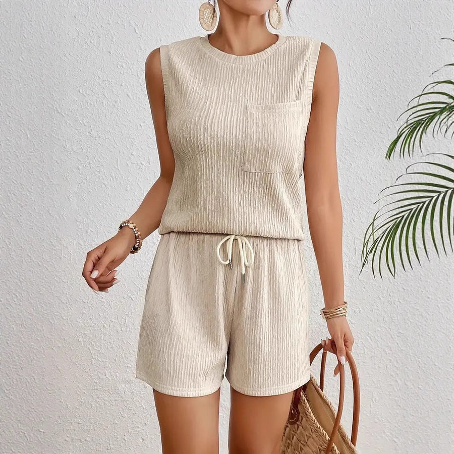 Idabelle | Women's Textured Short Sleeve Pockets Comfortable Two-Piece Set