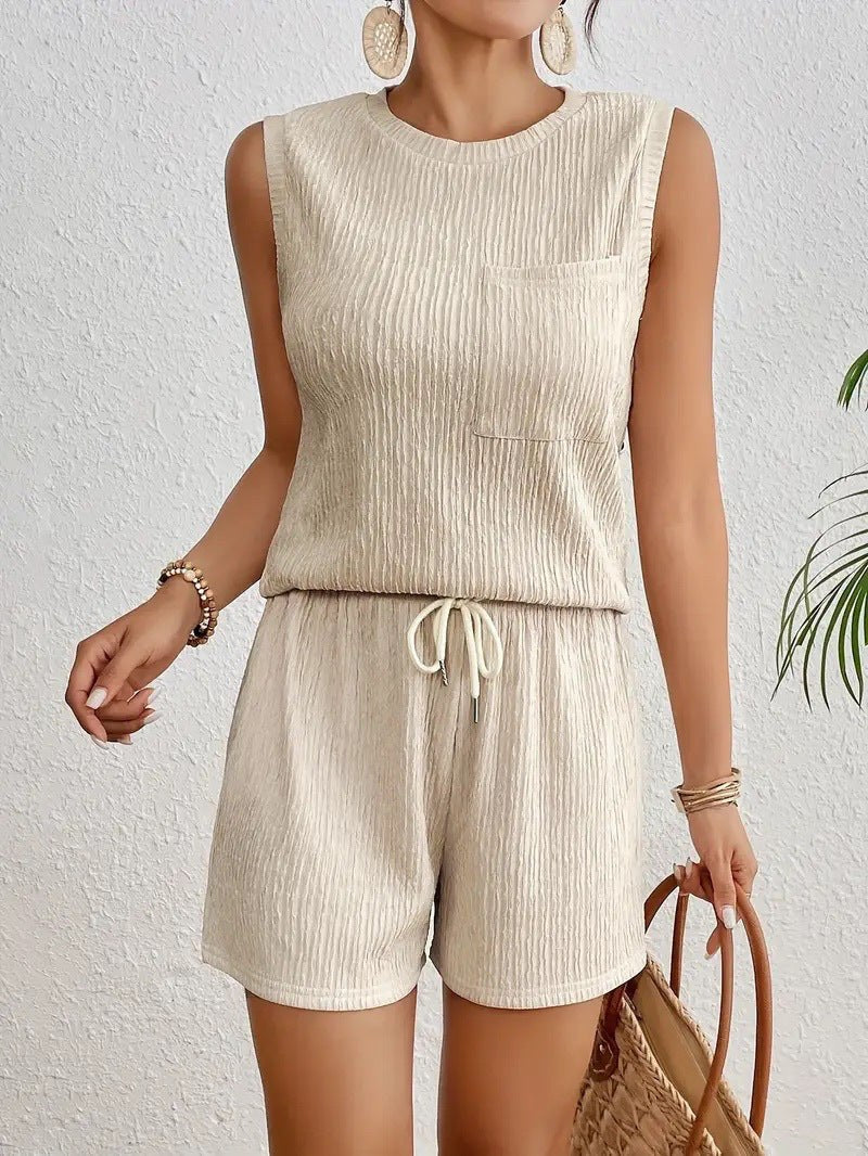 Idabelle | Women's Textured Short Sleeve Pockets Comfortable Two-Piece Set in Apricot