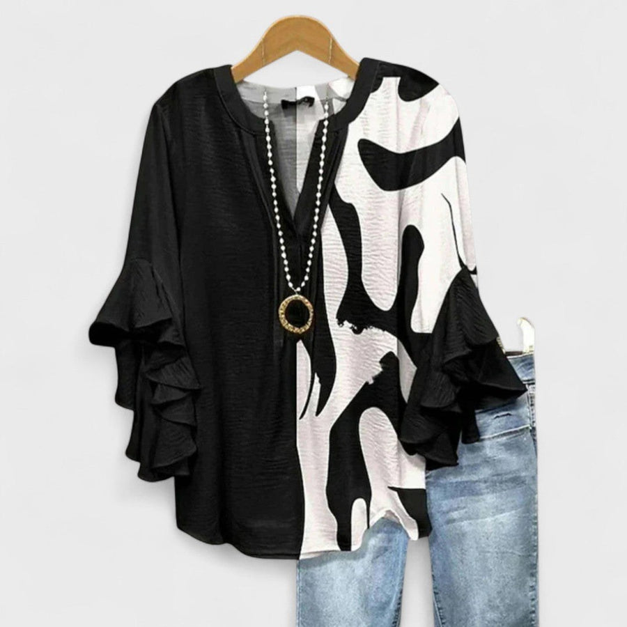 Idalia | Women's V-Neck Ruffle Sleeve Blouse in Black