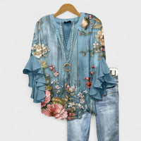 Idalia | Women's V-Neck Ruffle Sleeve Blouse in Blue Gray