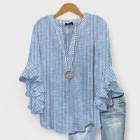 Idalia | Women's V-Neck Ruffle Sleeve Blouse in Blue