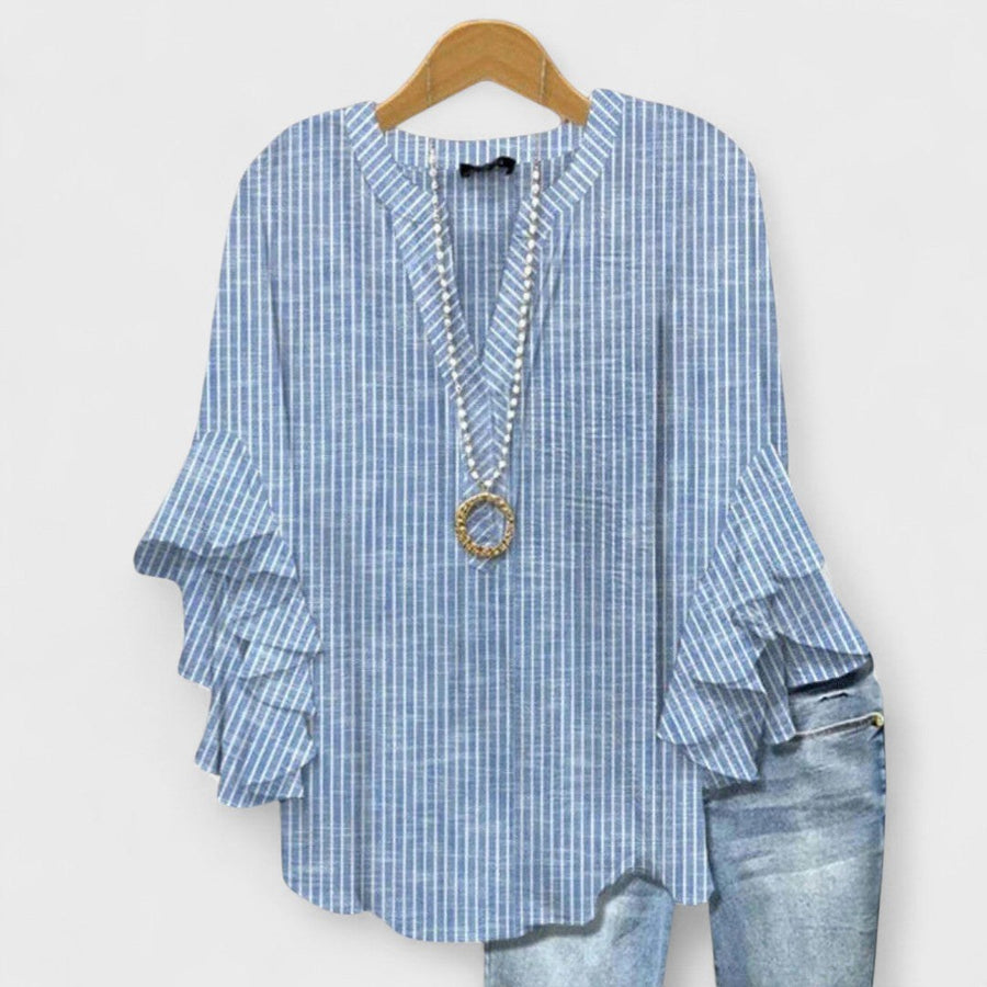 Idalia | Women's V-Neck Ruffle Sleeve Blouse in Blue
