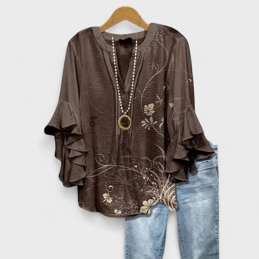 Idalia | Women's V-Neck Ruffle Sleeve Blouse in Brown