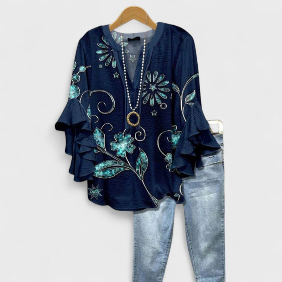 Idalia | Women's V-Neck Ruffle Sleeve Blouse in Dark Blue