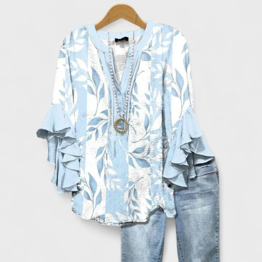 Idalia | Women's V-Neck Ruffle Sleeve Blouse in Light Blue