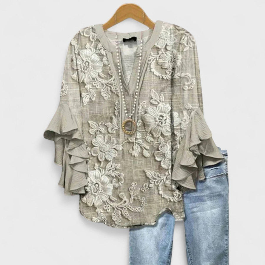 Idalia | Women's V-Neck Ruffle Sleeve Blouse in Light Brown