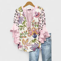 Idalia | Women's V-Neck Ruffle Sleeve Blouse in Pink