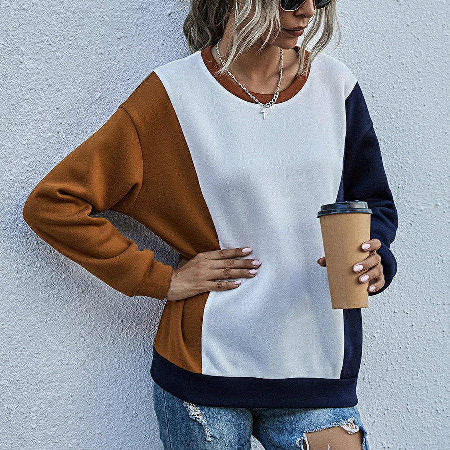 Idelette | Women's Color Block Fashionable Sweatshirt in Brown Blue