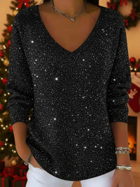 Idonea | Women's V-Neck Sequin Long Sleeve Blouse in Black
